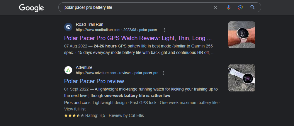 polar pacer pro battery life search query